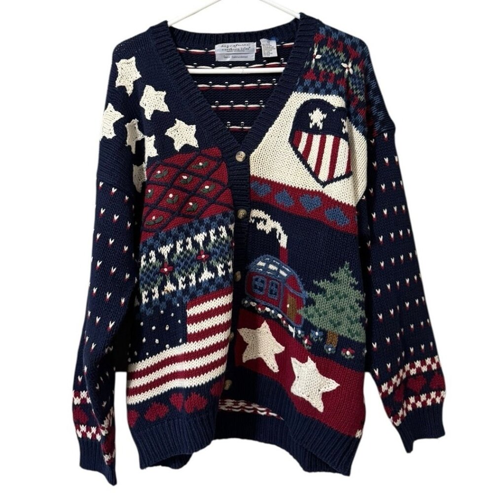 Signature By Northern Isles Cardigan Sweater Size XL Hand Embroidered USA VTG